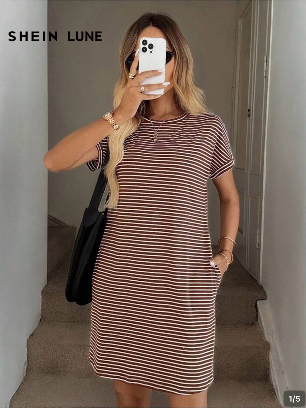 SHEIN Brown & White Striped Mini T-Shirt Dress